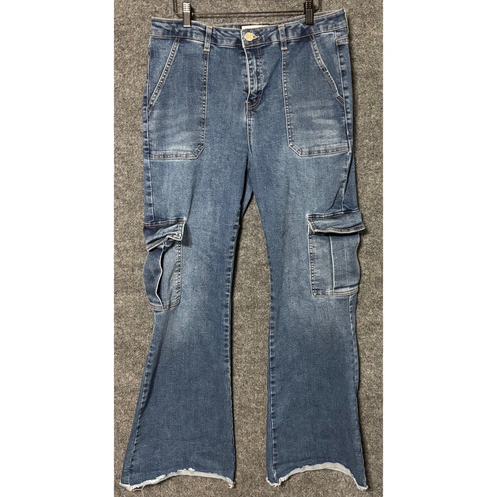 Banjara Women's‎ Jeans Size 15/31 Blue Wash Flared Cargo Distressed Hem